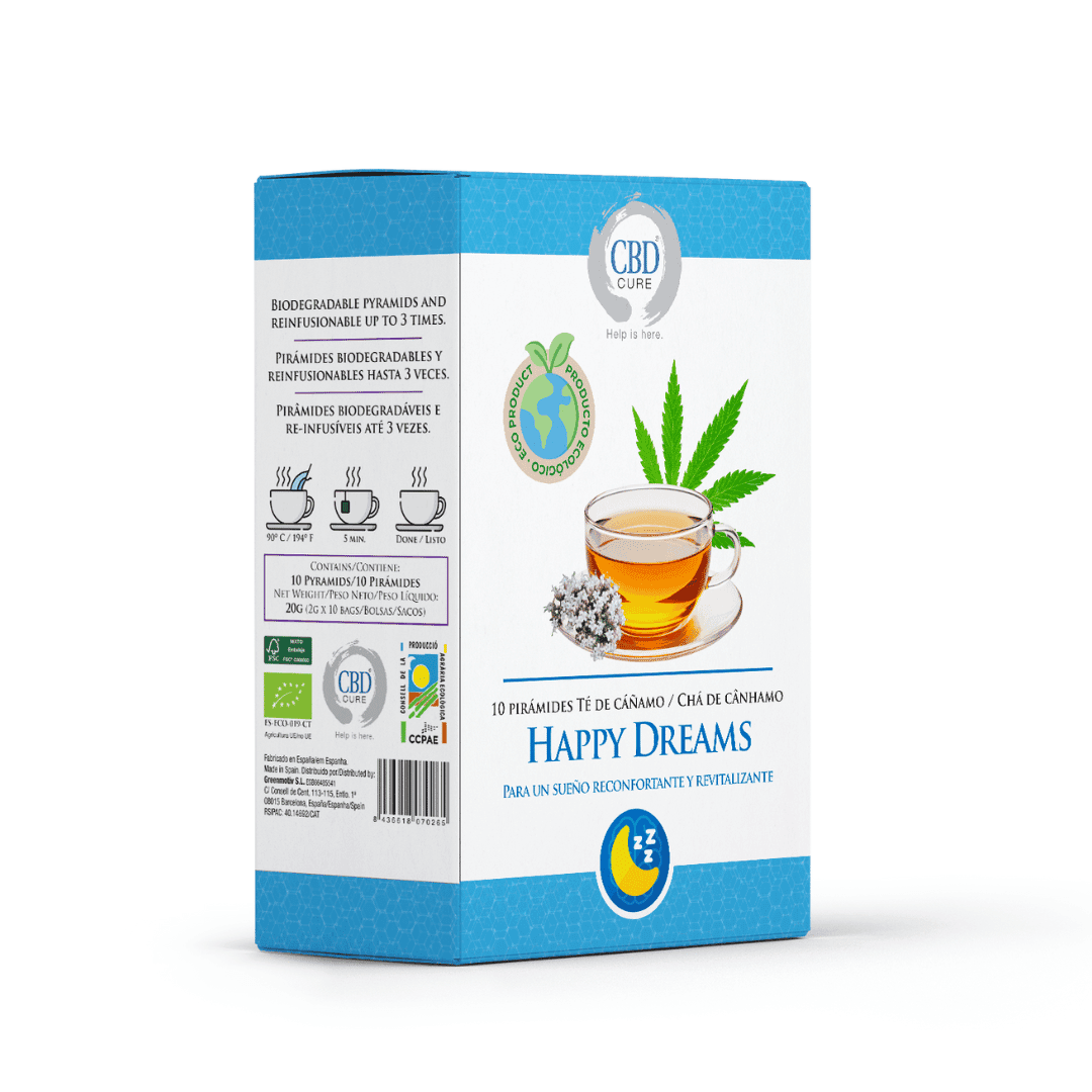 Happy Dreams · Infusión ecológica de cannabis CBD Cure · Sueño y relajación